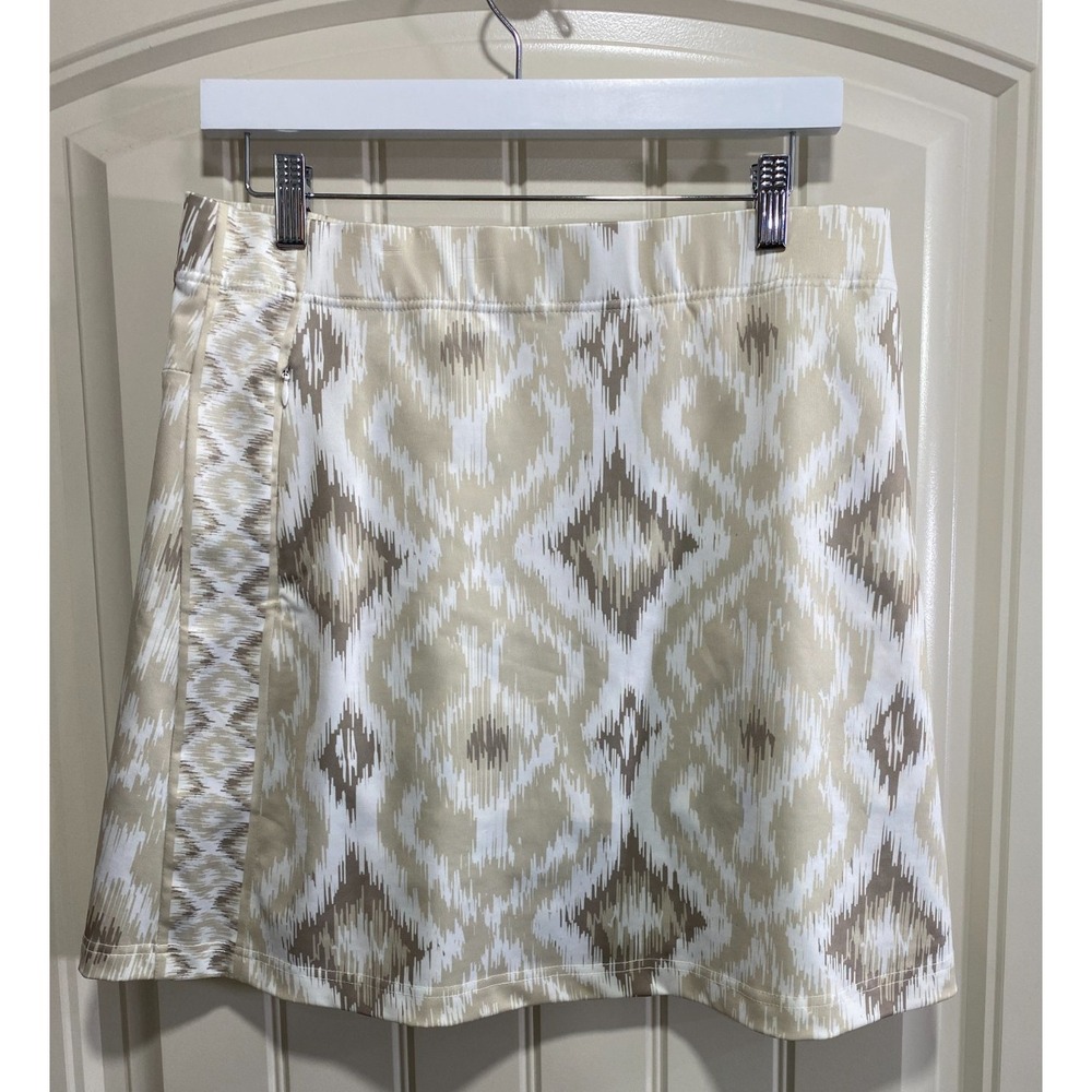 Gretchen Scott White Tan Active Skort Skirt Size Medium Geometric Zip Pockets